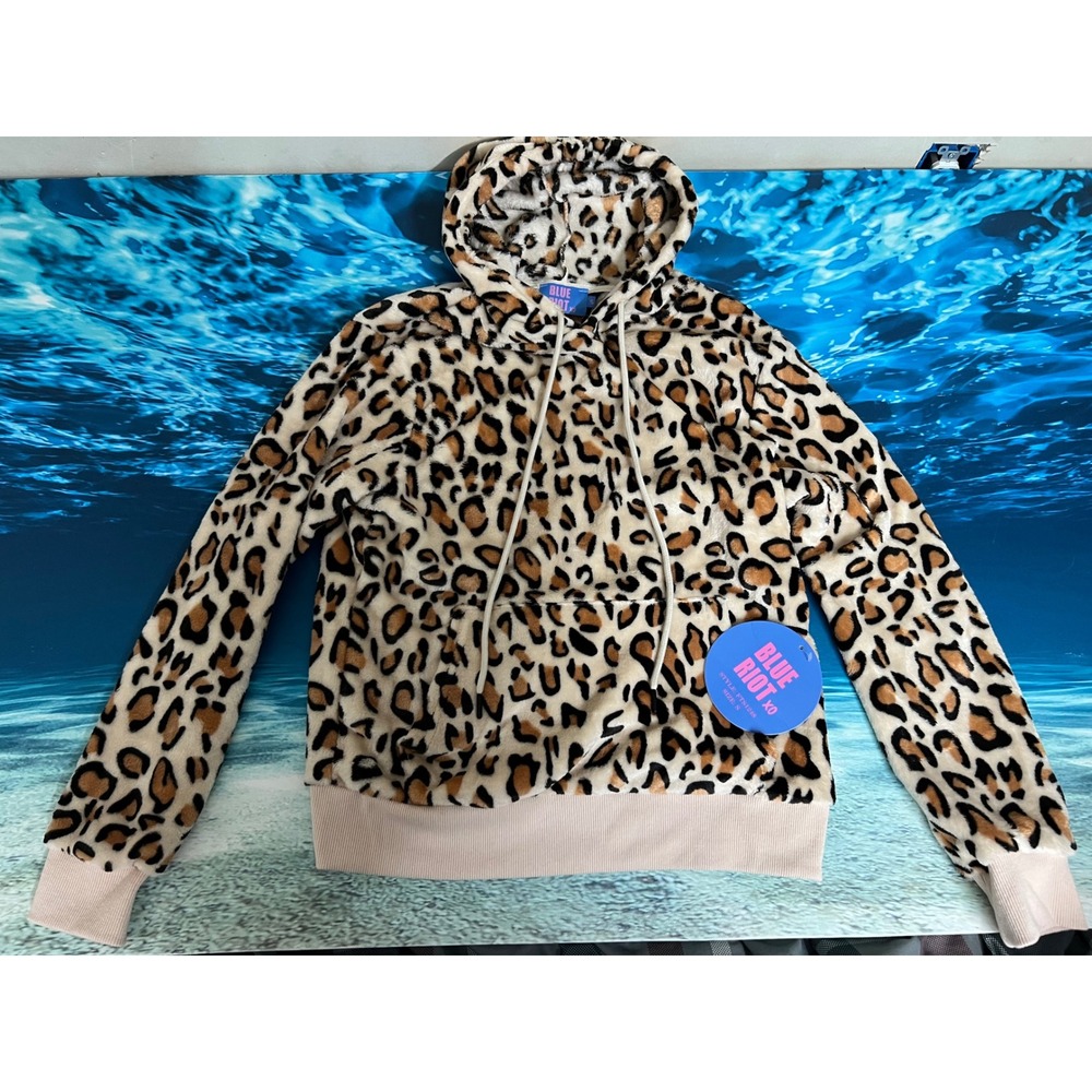 ❄️SIZE SMALL Blue Riot XO Leopard Print Faux Fur Fleece Hoodie Tan Brown